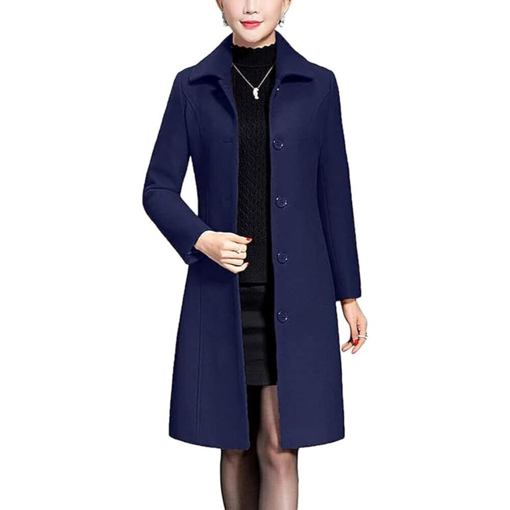 Women's Navy Imported Wool Trench Coat Winter Long Thick Overcoat